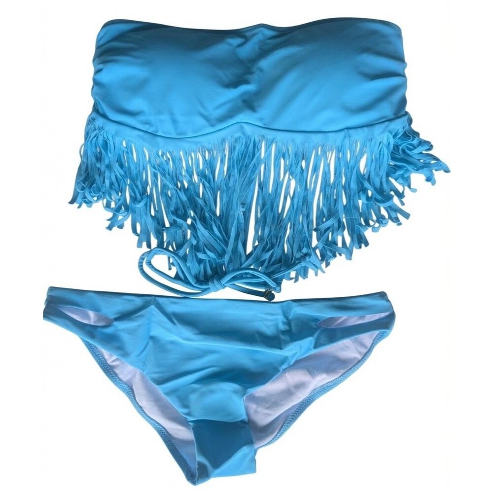 Turquoise Fringe Tassel Bandeau Bikini Set Strapless Swimsuit One Size